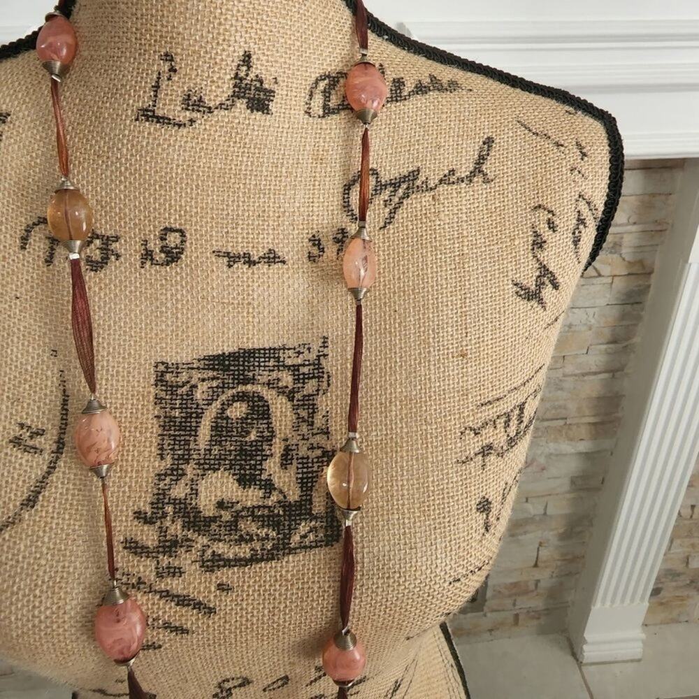 TRESKA semi precious stone boho ribbon long necklace new - Picture 3 of 5